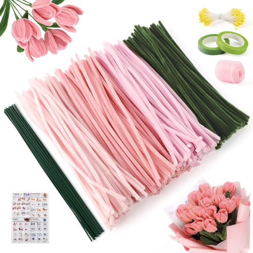 400 Pcs Pink Pipe Cleaners Kit, 4 Colors Chenille Stems DIY Bouquet