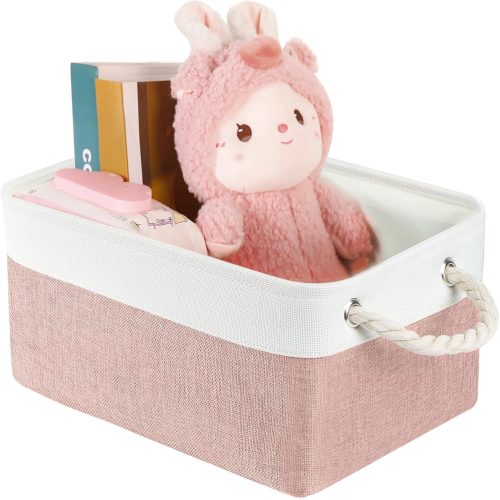 Storage Bins with Sturdy Cotton Handles(1 Pack), Fabric Storage Baskets for Organizing use for Office & Home, Book, Clothes, Toys, Closet Boxes (Small, Pink-White, 12.2x8.3x6.3 inches)