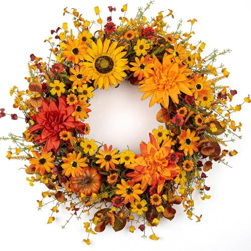 JINGHONG Artificial Fall Wreath 22 Inch Fall Wreaths for Front Door Autumn Flower Wreath with Sunflower Daisy Dahlia Pumpkin for Indoor Outdoor Window Wall Porch Harvest and Thanksgiving Celebration