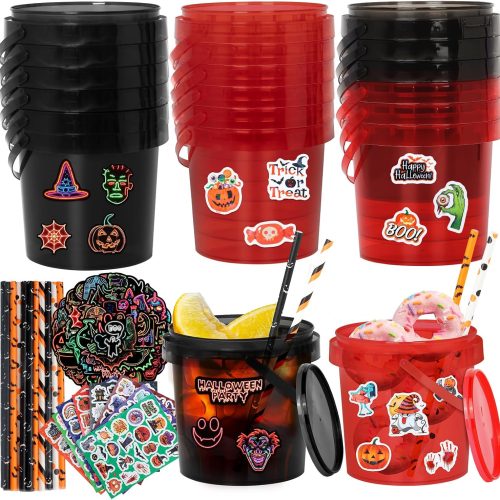 20pcs Halloween Candy Bucket, Trick or Treat Baskets for Kids, 32oz Ice Buckets for Parties with Lid, Contains 210pcs Halloween Stickers & 25pcs Straws for Halloween Party Favors Decoration Decor