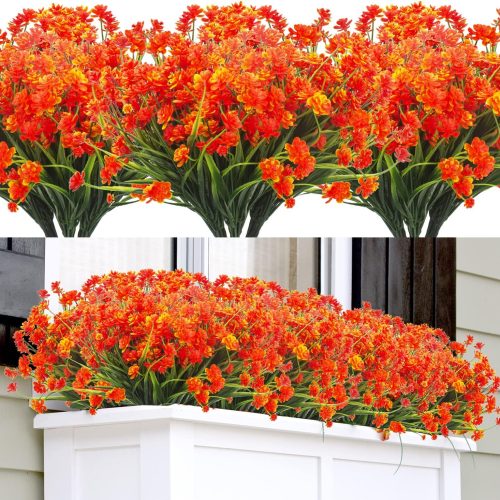 Grunyia Artificial Fake Flowers, 12 Bundles Outdoor UV Resistant Greenery Shrubs Plants Indoor Outside Hanging Planter Home Garden Décor (Orange)