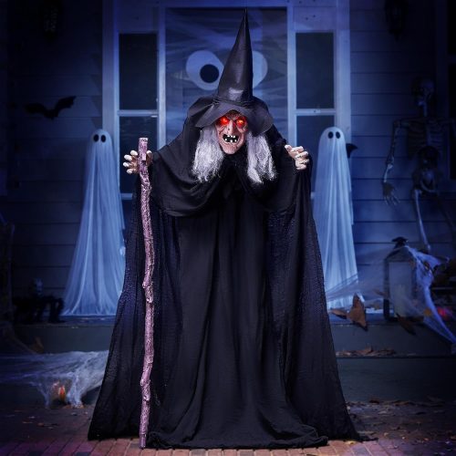 JOYIN Outdoor Halloween Decorations Animatronics Witch with Cane, Life Size Animated Ghost Haunted House Prop Décor with Creepy Sound and Light-up Eyes, Party Supplies