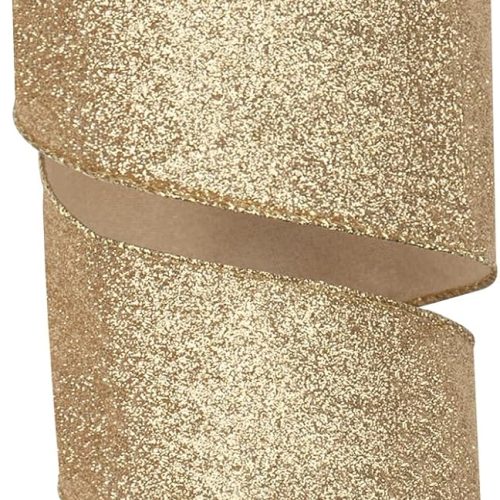 CTFR190CT_1 Gold Christmas Ribbon Wired, Gold Glitter Ribbon for Christmas Tree 2.5 Inch, 15 Yards Sparkle Metallic Wired Ribbons for Gift Wrapping, Topper Bows, Wreaths, Holiday Decoration, Wedding Garland