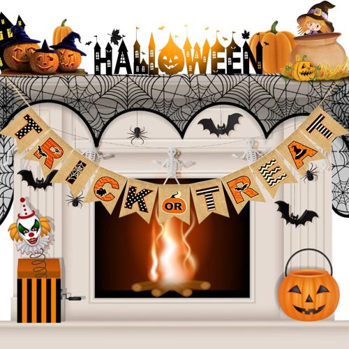 Burlap Fireplace Decor - Trick or Treat Banner, Multicolor Halloween Decorations for Fireplace, Wall, Porch and Party