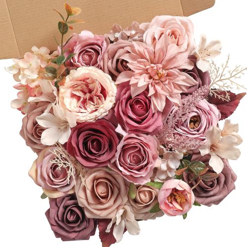 YYHUAWU Mauve Artificial Flowers Combo Set Fake Flower Leaf Box with Stems for DIY Wedding Bouquets Centerpieces Flower Arrangements Decorations Baby Shower Party Home Decorations