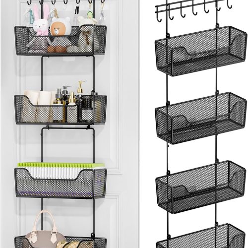 CTMCE00460CT_1 HapiRm Over The Door Organizer - Hanging Door Organizer with 4 Metal Large Capacity Baskets and Adjustable Coat Hook for Bathroom Bedroom Kitchen Pantry Closet Cabinet