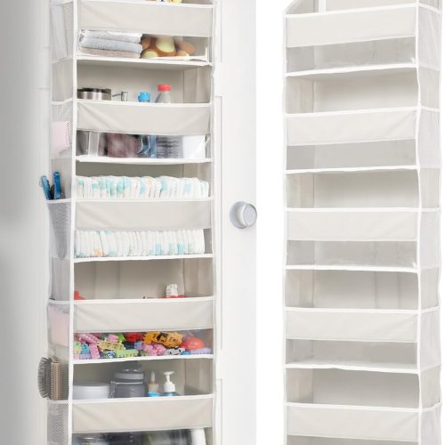 ULG 1-Pack Over Door Organizer with 5 Large Pockets 10 Mesh Side Pockets, 44 lbs Weight Capacity Hanging Storage Organizer with Clear Window for Bedroom Bathroom Kitchen, RV, Camper, Beige