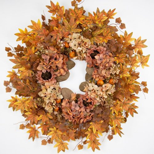 CTMCE01201CT_1 TOPIA 26 Inch Artificial Dried Hydrangea Wreath, Autumn Fall Wreath, Handmade Silk Floral Door Decor (Fall Colour Hydrangea/Maple Leaves)
