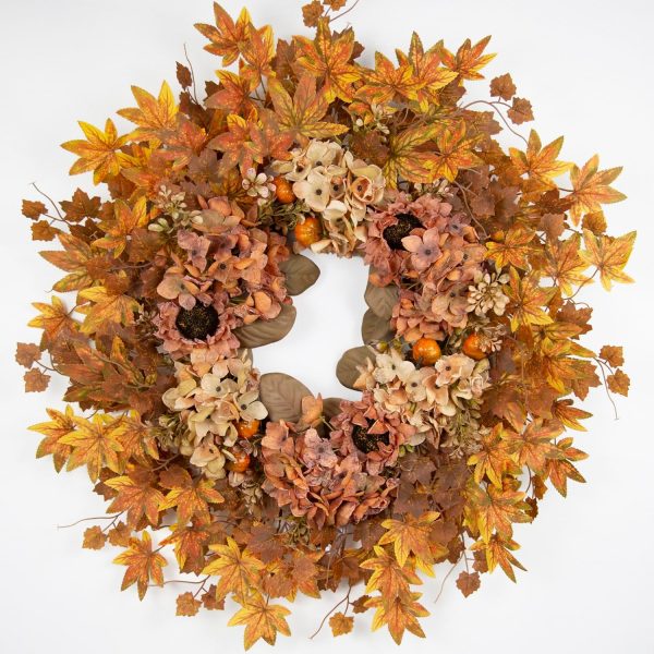 TOPIA 26 Inch Artificial Dried Hydrangea Wreath, Autumn Fall Wreath, Handmade Silk Floral Door Decor (Fall Colour Hydrangea/Maple Leaves)