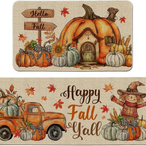 CTMCE01255CT_1 Fall Kitchen Mats, Farmhouse Truck Fall Kitchen Decor for Floor - Pumpkins House Kitchen Rugs Set of 2 - 17"x27"+17"x47"