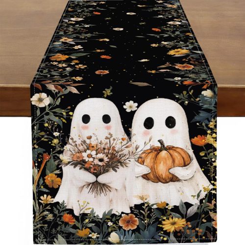 Baccessor Halloween Ghost Table Runner,Spooky Pumpkin Floral Cute Ghosts Black Kitchen Dining Dinner Burlap Table Indoor Holiday Party Supply Farmhouse Decor 13 x 72 Inches
