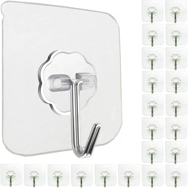 24 Pack Adhesive Wall Hooks Clear 33LB Heavy Duty Sticky Hooks