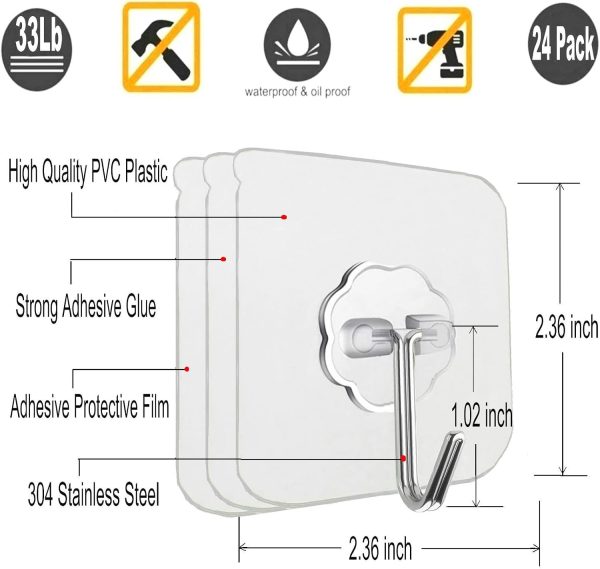 24 Pack Adhesive Wall Hooks Clear 33LB Heavy Duty Sticky Hooks