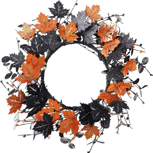 YNYLCHMX 20" Halloween Wreath for Front Door, Golden and Black Maple Leaves
