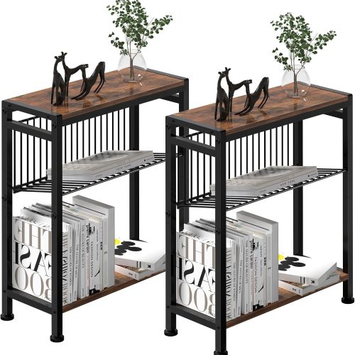 CTMCE01835CT_1 Side Table for Small Spaces, Set of 2 Narrow End Table with Magazine Holder, 2 in 1 Design Slim Side Table, Skinny Nightstand for Living Room Bedroom, Thin Side Magazine Table, Rustic Brown