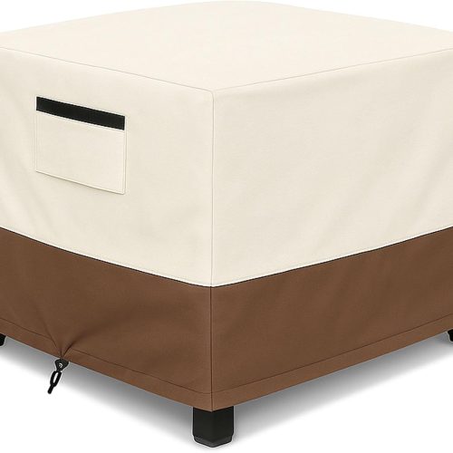 CTMCE01871CT_1 Waterproof Patio Ottoman Cover, Square Outdoor Side Table Furniture Cover with Padded Handles, 600D Heavy Duty Windproof All-Weather Patio Furniture Cover,UV Resistant, 32 x 32 x 18 Inch, Beige&Brown