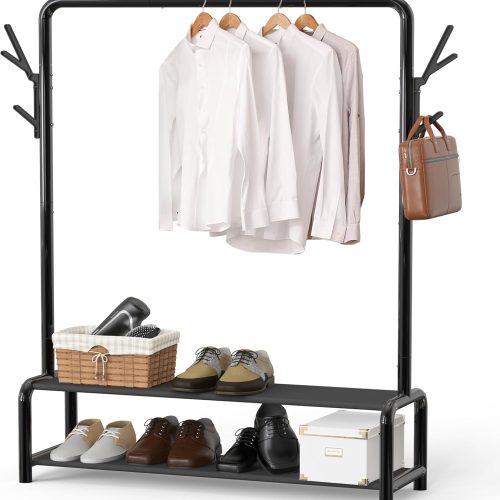 Simple Houseware 52" W Freestanding Closet Garment Rack with Shelves, Black