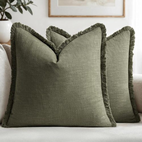 CTMCE02088CT_1 MIULEE Boho Linen Fringe Decorative Throw Pillow Covers Olive Green 20x20