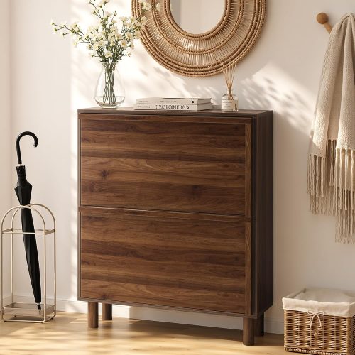 CTMCE02373CT_1 Smart FENDEE Shoe Cabinet with 2 Flip Drawers, 31.5" Narrow Shoe Storage Organizer with Wooden Handle, Slim Shoe Rack for Entryway, Hallway, Small Apartment, Walnut