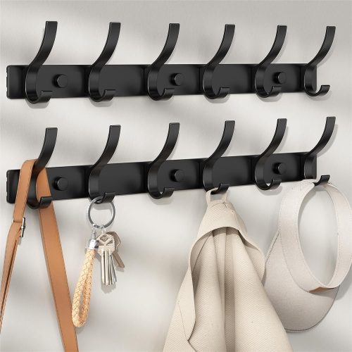 Optish 2 Piece Wall Coat Rack with 12 Hooks, Sturdy Metal Coat Hooks for Hanging Coats, Jackets, Hats and Towels (Black)