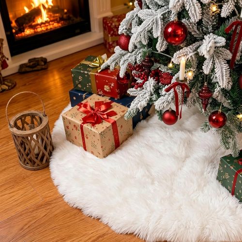 23 Inch Faux Rabbit Fur White Tree Skirt Plush Mini Skirt for Merry Christmas Party Decoration,Falda para arbol de Navidad,Small mat,Snow Skirt Indoor for Home