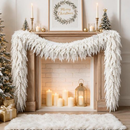 CTMCE02657CT_1 9FT White Christmas Cedar Garland, Realistic Artificial Garland, Winter Snowy Xmas Decorations Indoor Outdoor, Faux Holiday Garland for Mantle, Fireplace, Table, Door, Wedding Party Decor