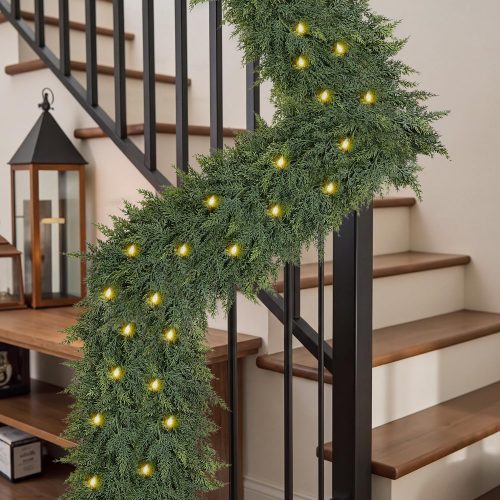 9FT Christmas Garland with Lights, Extra Full Lighted Cedar Garland