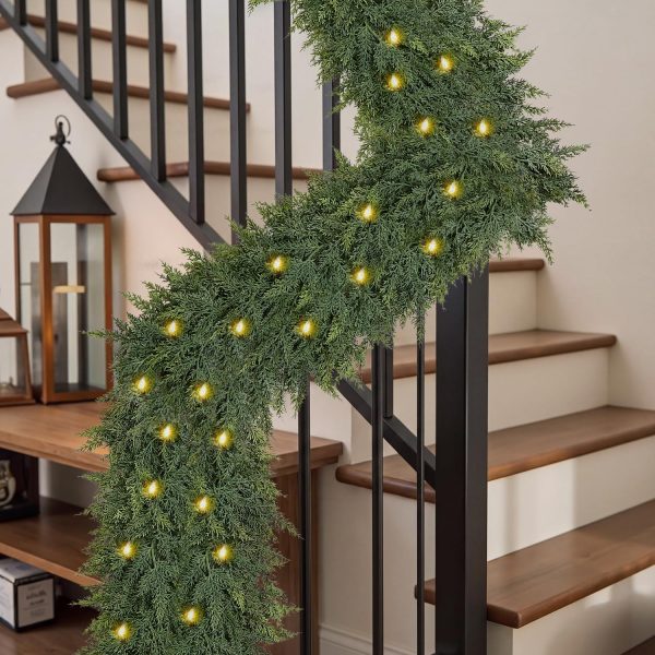 9FT Christmas Garland with Lights, Extra Full Lighted Cedar Garland