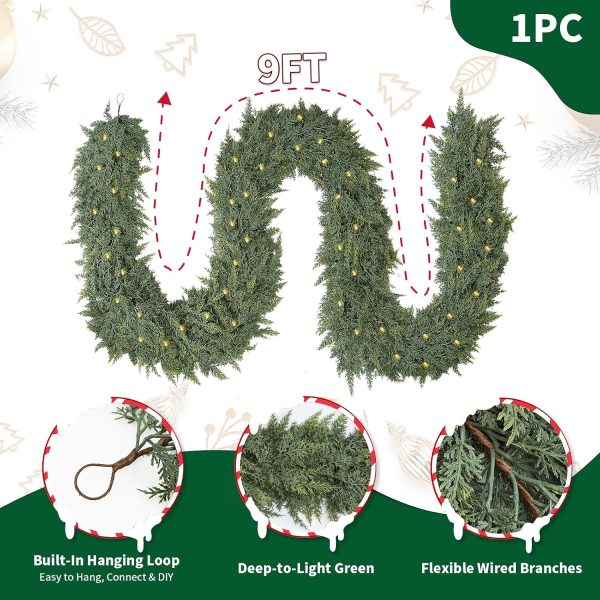 9FT Christmas Garland with Lights, Extra Full Lighted Cedar Garland