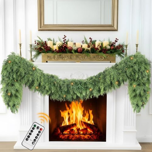 CTMCE02659CT_1 Cedar Christmas Garland with Lights for Mantle - Realistic Real Touch 6 Ft Artificial Faux Pine Garlands for Outdoor Stairs Railing Fireplace Decoration Garland Door Decor NEW-2SXS-6FT-1