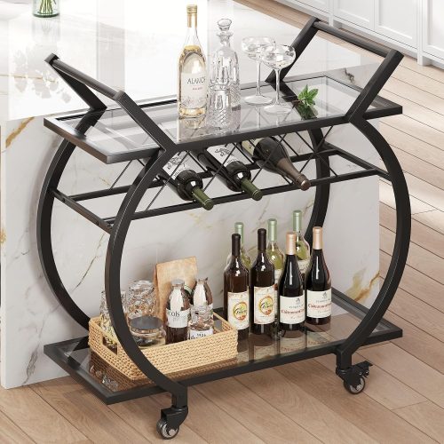 LVB Bar Cart with Glass, Black Bar Cart with Wheels, Home Bar Serving Cart