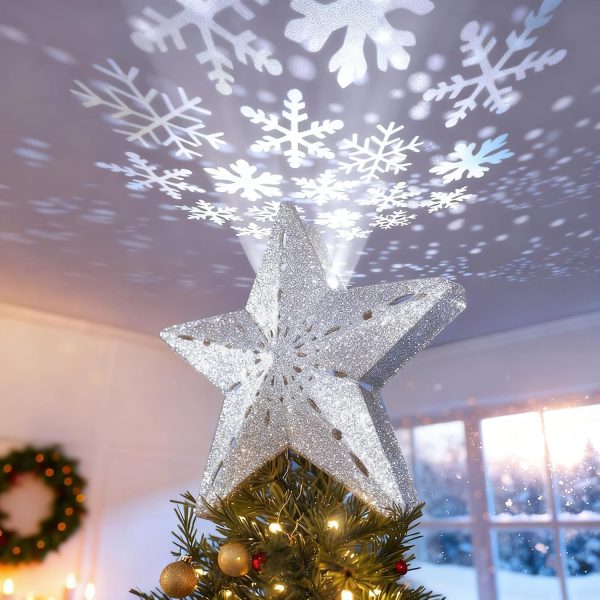 Christmas Tree Topper Lighted Star with Snowflake Projector, Silver