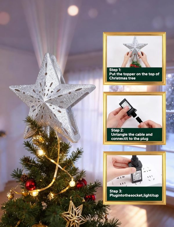 Christmas Tree Topper Lighted Star with Snowflake Projector, Silver