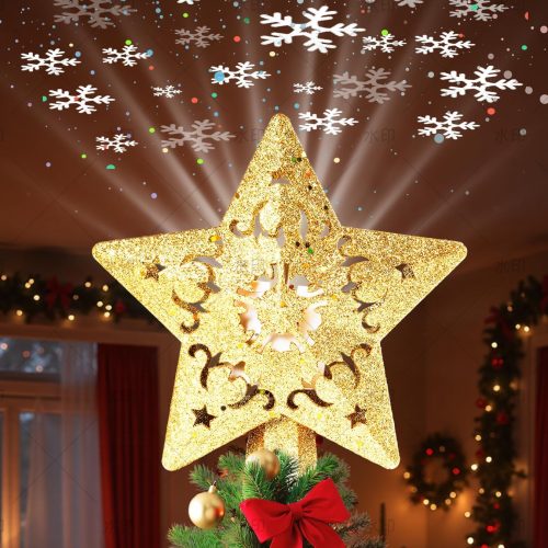 Christmas Tree Star Topper, Built-in Led 360° Rotating Snowflake Projector Pentagram Plug in Christmas Tree Ornament for Indoor Office Xmas New Year Holiday Tree Decor (Golden)