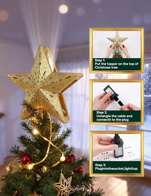 CTMCE02932CT_4 Christmas Tree Topper Lighted Star with Snowflake Projector, Gold