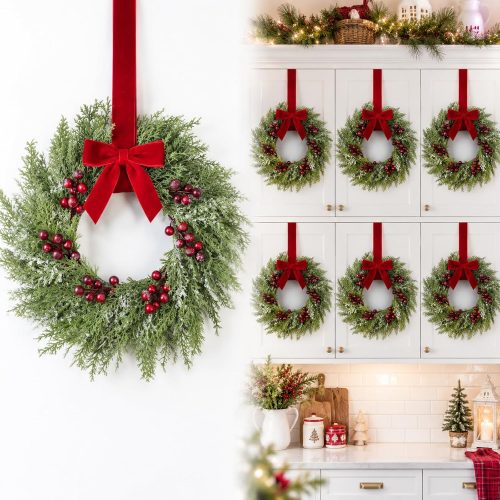 CTMCE03090CT_1 Barydat 6 Pcs 15" Mini Christmas Wreaths for Kitchen Cabinet with Long Bow