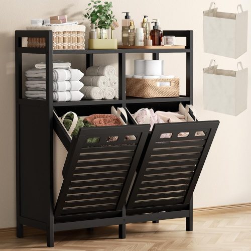 CTMCE03419CT_1 Homykic Bamboo Double Tilt Out Laundry Hamper Cabinet with 2 Bags, Black