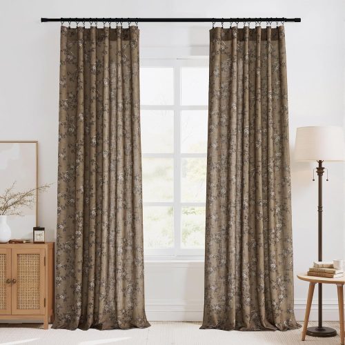 StangH Brown Linen Curtains Floral Print, W52 x L84, 2 Panels