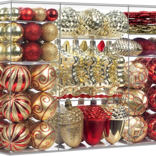 110Pcs Christmas Ball Ornaments Set, Assorted Red and Gold Christmas Ornaments for Xmas Tree, Shatterproof Plastic Baubles Hanging Decorations for Holiday/Party/Wedding