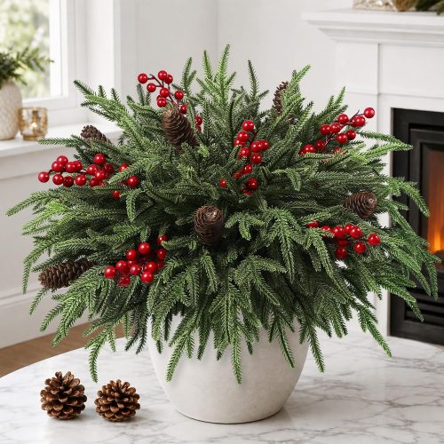 CTMCE03667CT_1 JOICEE 24Pcs Real Touch Norfolk Pine Branches with Pinecones Red Berries