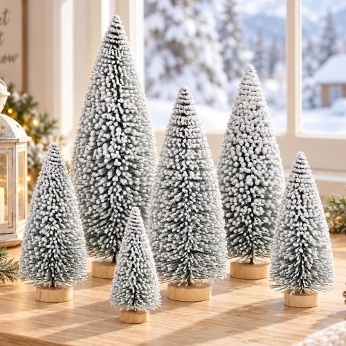 6 Pack Snow Flocked Christmas Trees, Mini Tabletop Christmas Tree Decor