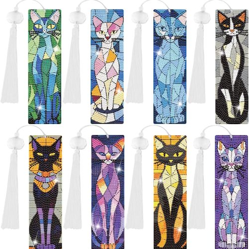 8 Pcs Cat Diamond Art Bookmarks Kit, 5D DIY Diamond Painting Bookmarks for Adults & Beginners, Stained Glass Cat Design Arts and Crafts