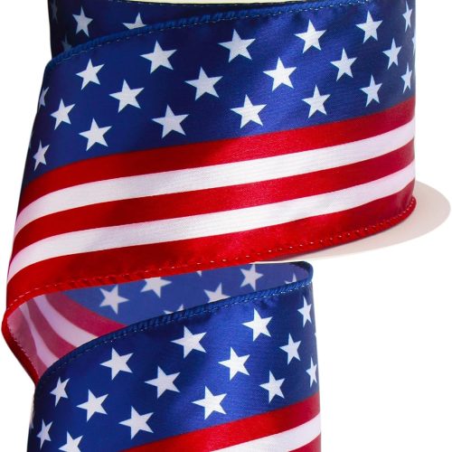 Ribbli Patriotic Stars and Stripes Wired Satin Ribbon,American Flag Ribbon 2-1/2 Inch x Continuous 10 Yard,Red/White/Blue,4th of July Ribbon for Big Bow,Wreath,Tree Decoration