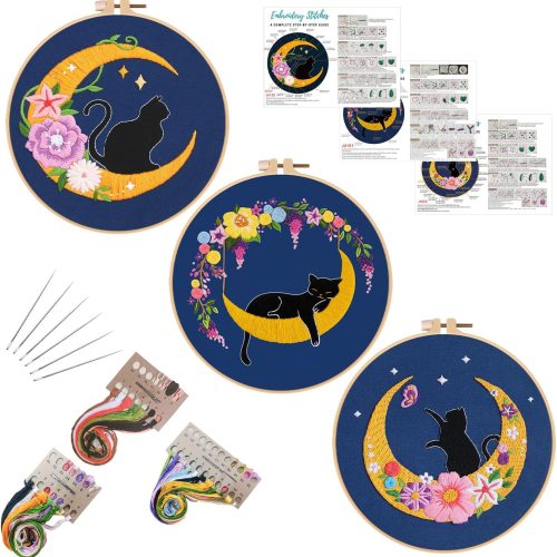 Louise Maelys 3 Set Cat Moon Embroidery Kit for Beginners Craft