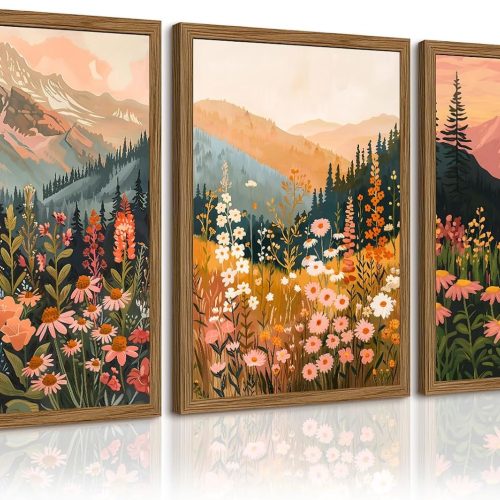 Boho Landscape Widlflower Wall Art Mountain Floral Canvas Wall Decor Colorful Nature Flower Pictures Boho Daisy Sunset Poster Prints Abstract Botanical Painting for Bedroom 12x16 Inch Wood Framed 3Pcs