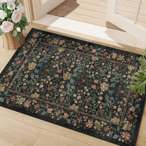 DUKINO 2x3 Entryway Rug, Washable Vintage Floral Area Rug, Black