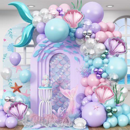 Mermaid Balloon Garland Arch Kit, 155Pcs Mermaid Theme Party Decorations for Birthday Gender Reveal Baby Shower Ocean Themed Under the Sea Party Supplies with Mermaid Tails Seashel Foil Balloons