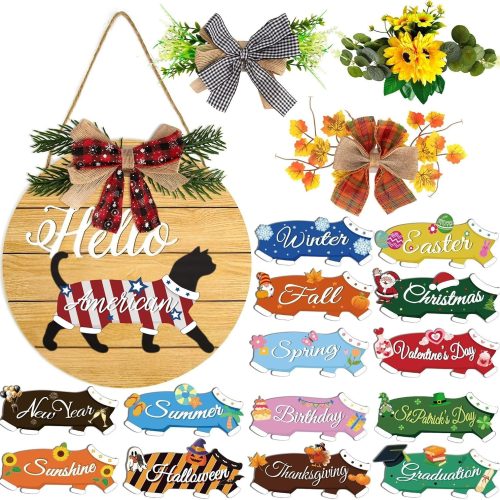 19pcs Interchangeable Welcome Sign Black Cat - Interchangeable Holiday Cat Decor Door Hanger, Upgraded Strong Magnet Extra Secure Fit, Seasonal Welcome Cat Wreaths Decoration for Front Door