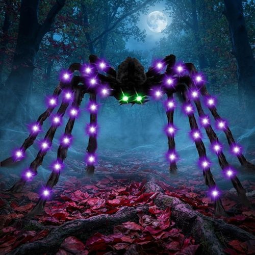 6.6Ft Halloween Light Up Giant Spider,Scary Large Hairy Spider with Green Lighted Eyes for Yard Lawn Halloween Outdoor Decorations,Indoor Party Decor,Black