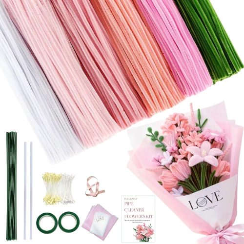 540Pcs Pink Pipe Cleaners Flower Kit, 6 Colors Chenille Stems for DIY Craft